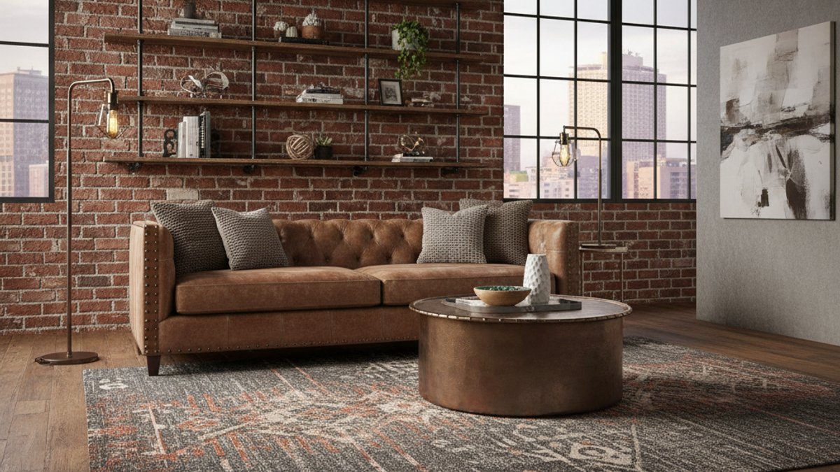 Thiết Kế Phòng Khách Industrial Với Sàn Gỗ Vân Cũ Và Nội Thất Kim Loại