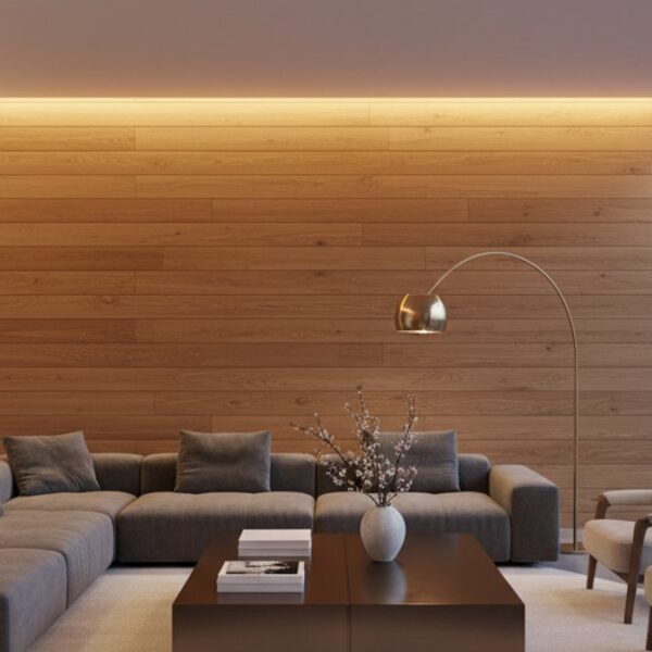 Tường ốp gỗ tự nhiên trong phòng khách hiện đại
