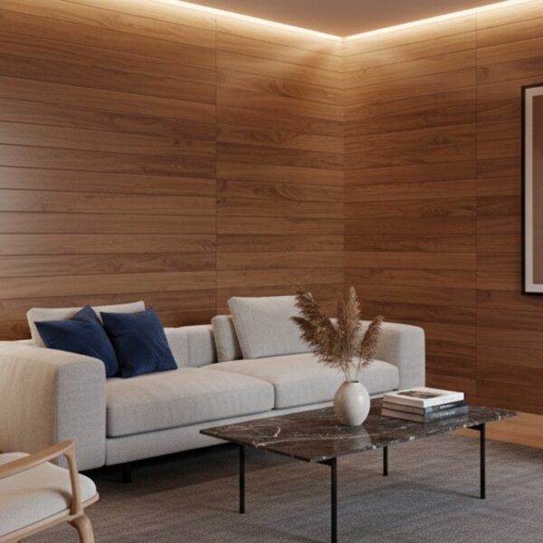 Phòng khách ốp tường gỗ, không gian ấm cúng, yên tĩnh