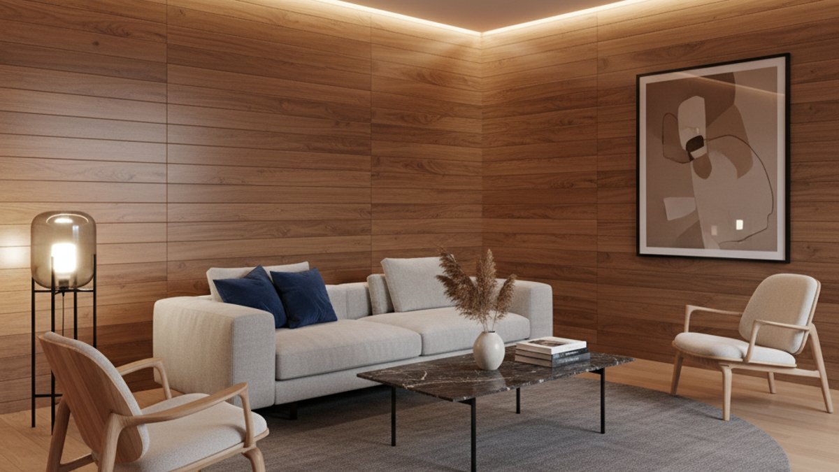 Phòng Khách Ốp Tường Gỗ, Không Gian Ấm Cúng, Yên Tĩnh