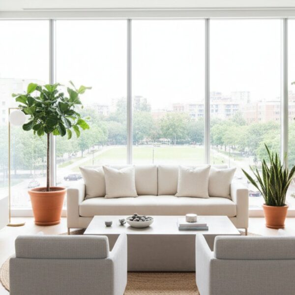 Phòng khách tràn ngập ánh sáng với sàn gỗ tự nhiên sáng màu