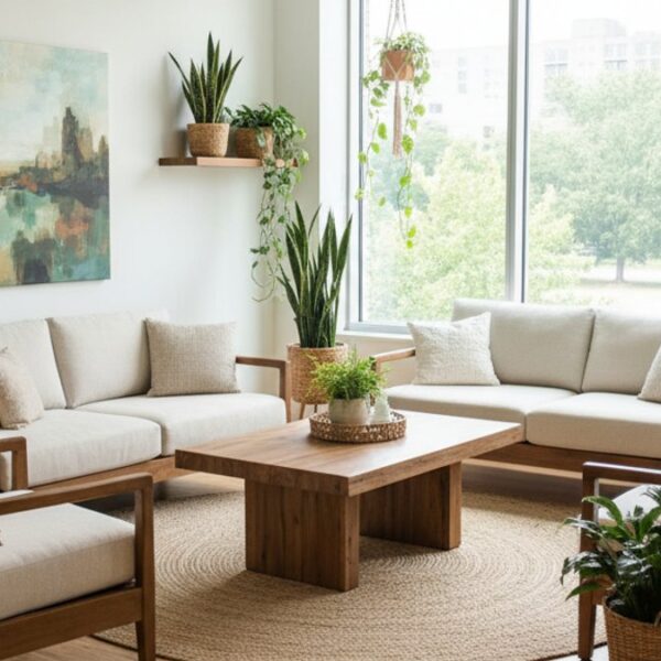 Phòng khách hiện đại, sàn gỗ, cây xanh, ánh sáng tự nhiên