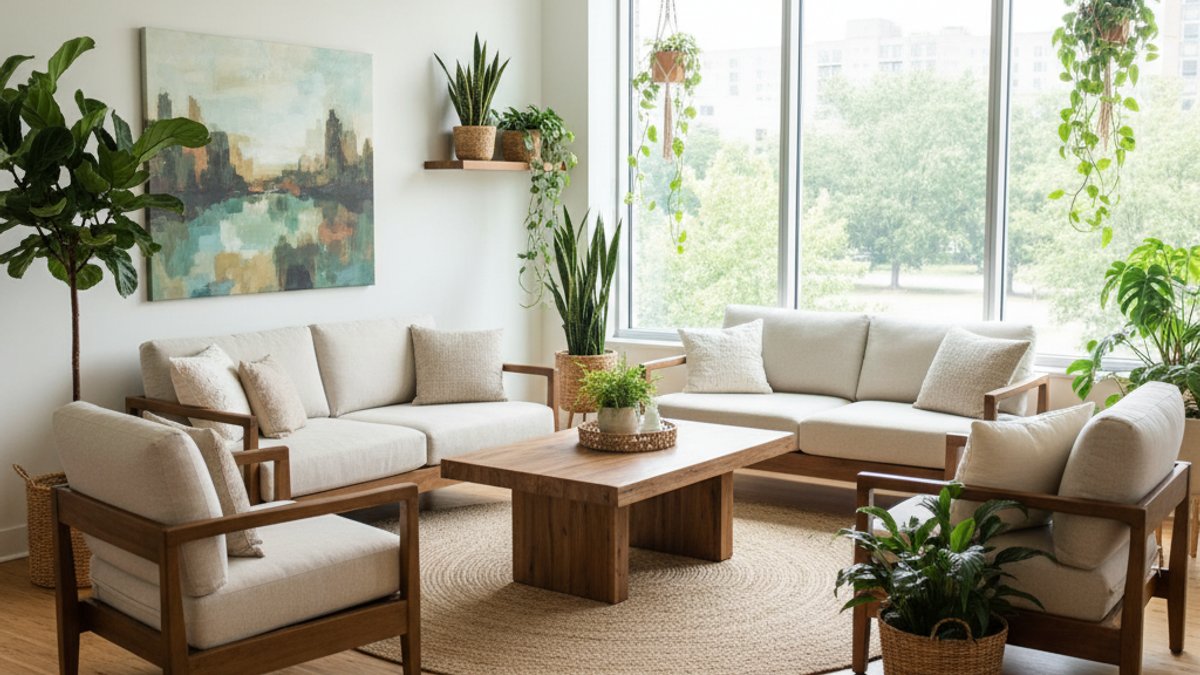 Phòng Khách Hiện Đại, Sàn Gỗ, Cây Xanh, Ánh Sáng Tự Nhiên