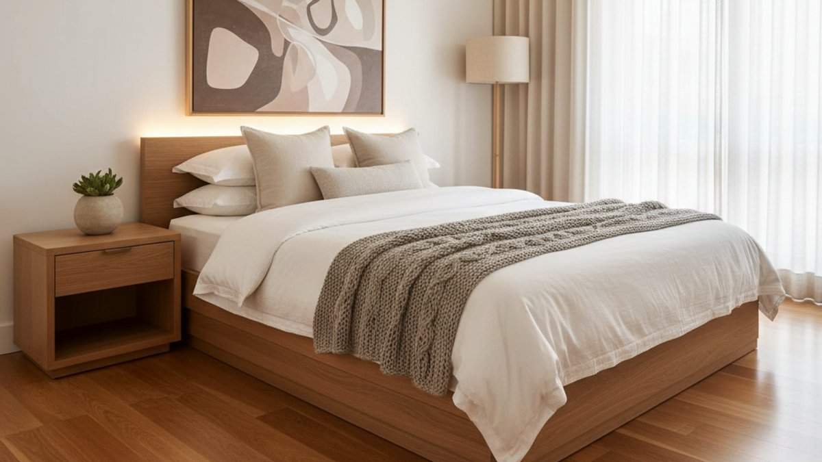 Phòng Ngủ Gỗ, Cây Xanh, Ánh Sáng Dịu