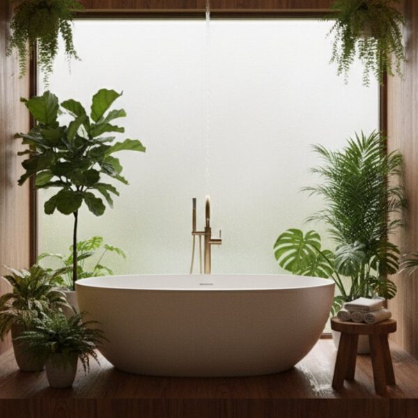 Phòng tắm sang trọng ốp gỗ chống ẩm, bồn tắm hiện đại