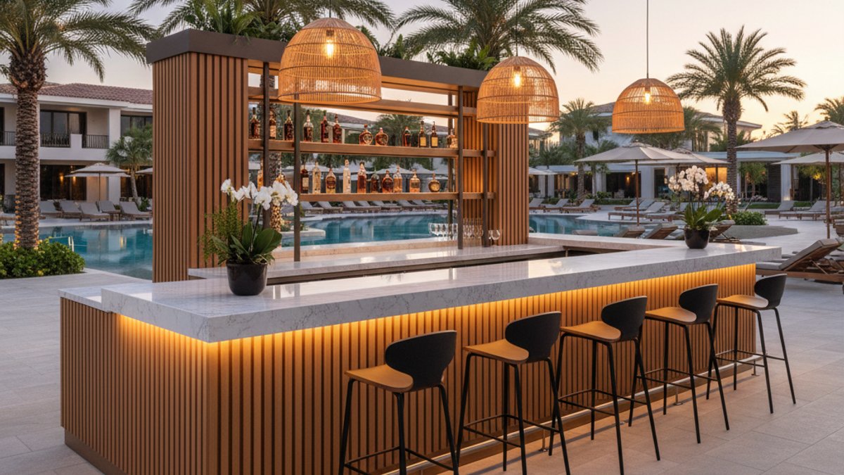 Quầy Bar Gỗ Hiện Đại, Sang Trọng Tại Khu Vực Giải Trí Ngoài Trời