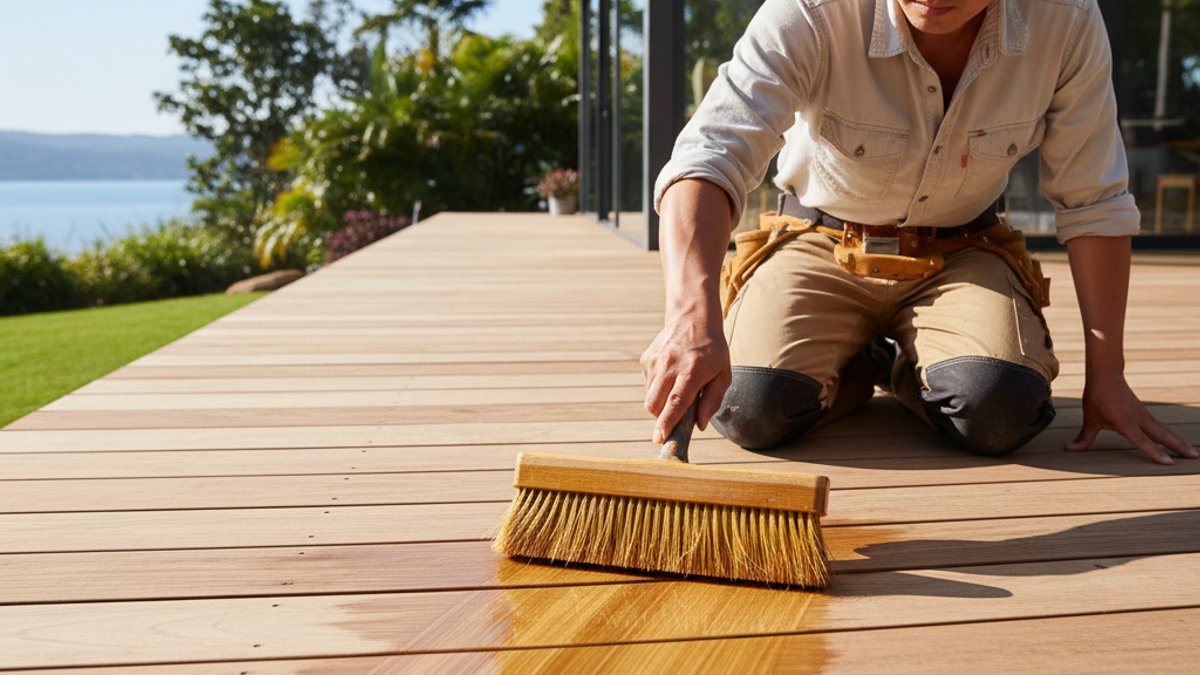 Bí Quyết Chăm Sóc Gỗ Ngoài Trời Chuyên Sâu: Bảo Vệ Sàn Decking, Pergola Bền Đẹp Cùng Vua Gỗ Người Thợ Đang Quét Dầu Bảo Quản Lên Sàn Gỗ Decking