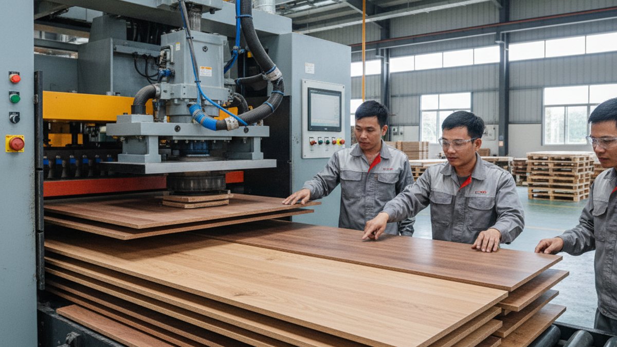 Công Đoạn Ghép Veneer Gỗ Tự Nhiên Trong Sản Xuất Sàn Gỗ Kỹ Thuật