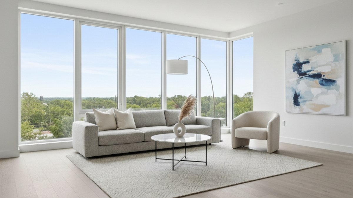 Phòng Khách Hiện Đại Với Sàn Gỗ Công Nghiệp Màu Ghi Sáng