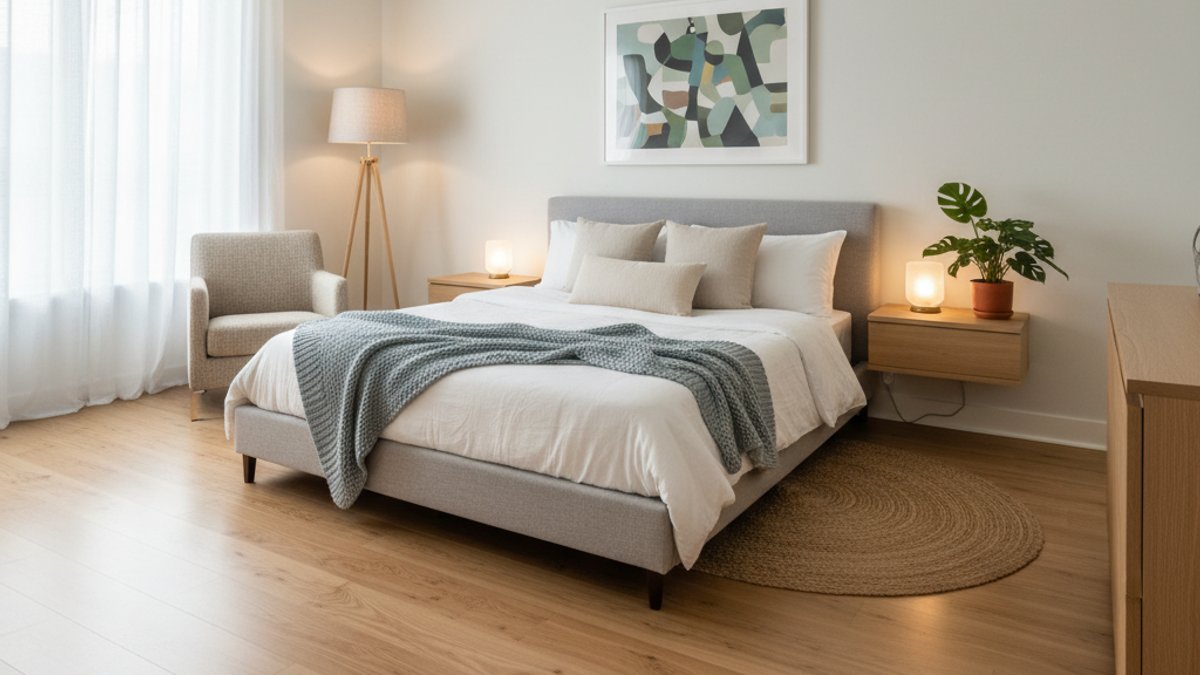 Phòng Ngủ Hiện Đại Lát Sàn Gỗ Công Nghiệp Màu Sáng