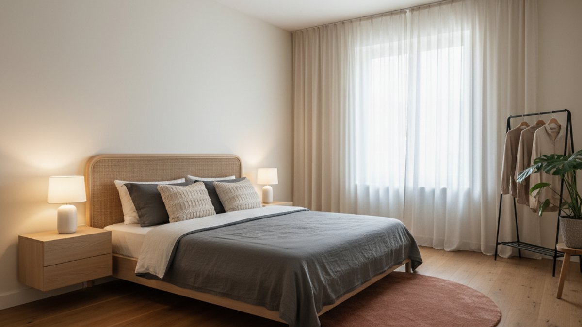 Phòng Ngủ Với Sàn Gỗ Màu Ấm Và Nội Thất Tối Giản