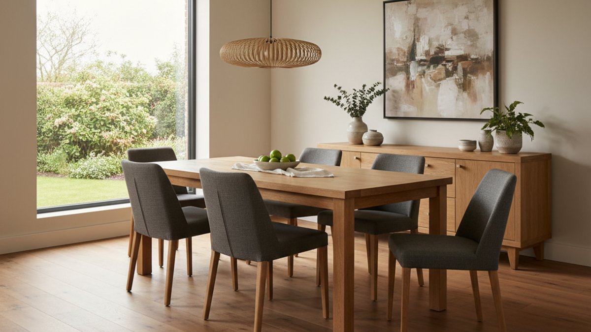 Phòng Ăn Gia Đình Lát Sàn Gỗ Kỹ Thuật Màu Trung Tính