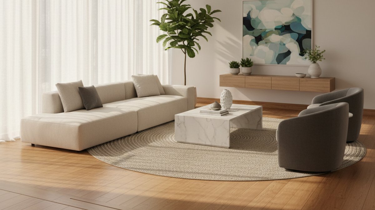 Không Gian Phòng Khách Hiện Đại Với Sàn Gỗ Và Phụ Kiện