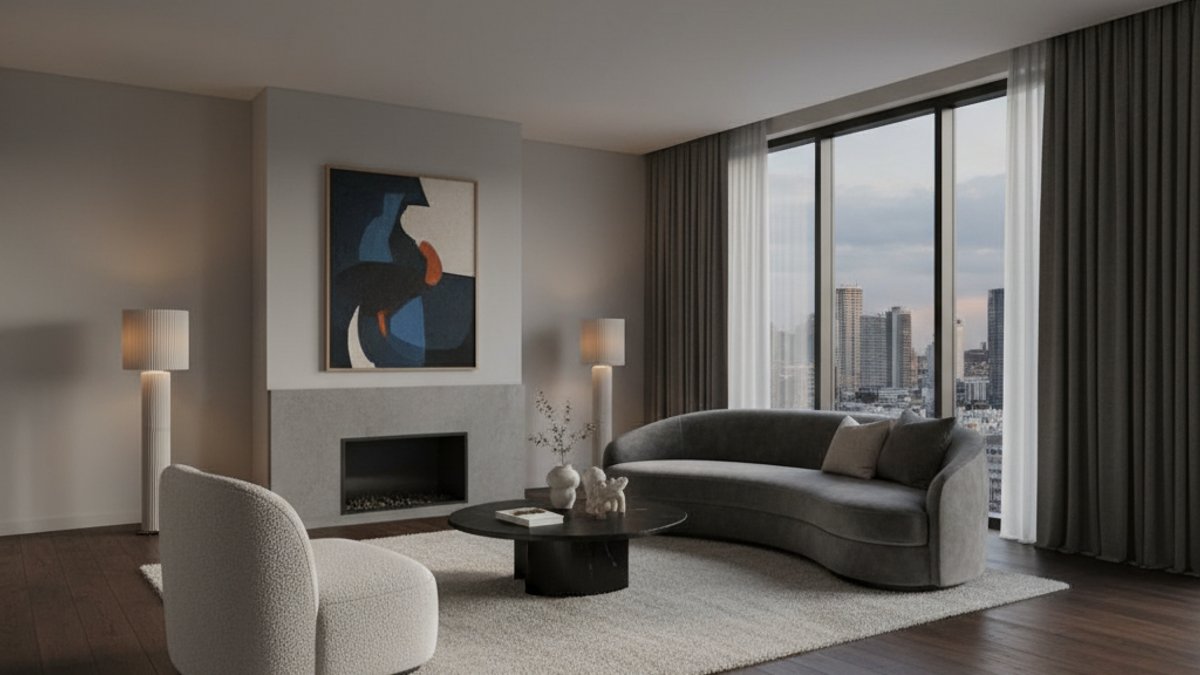 Phòng Khách Lớn Sàn Gỗ Tông Tối Sang Trọng