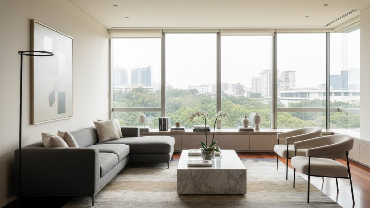 Phòng Khách Lát Sàn Gỗ Tự Nhiên Màu Tối Sang Trọng