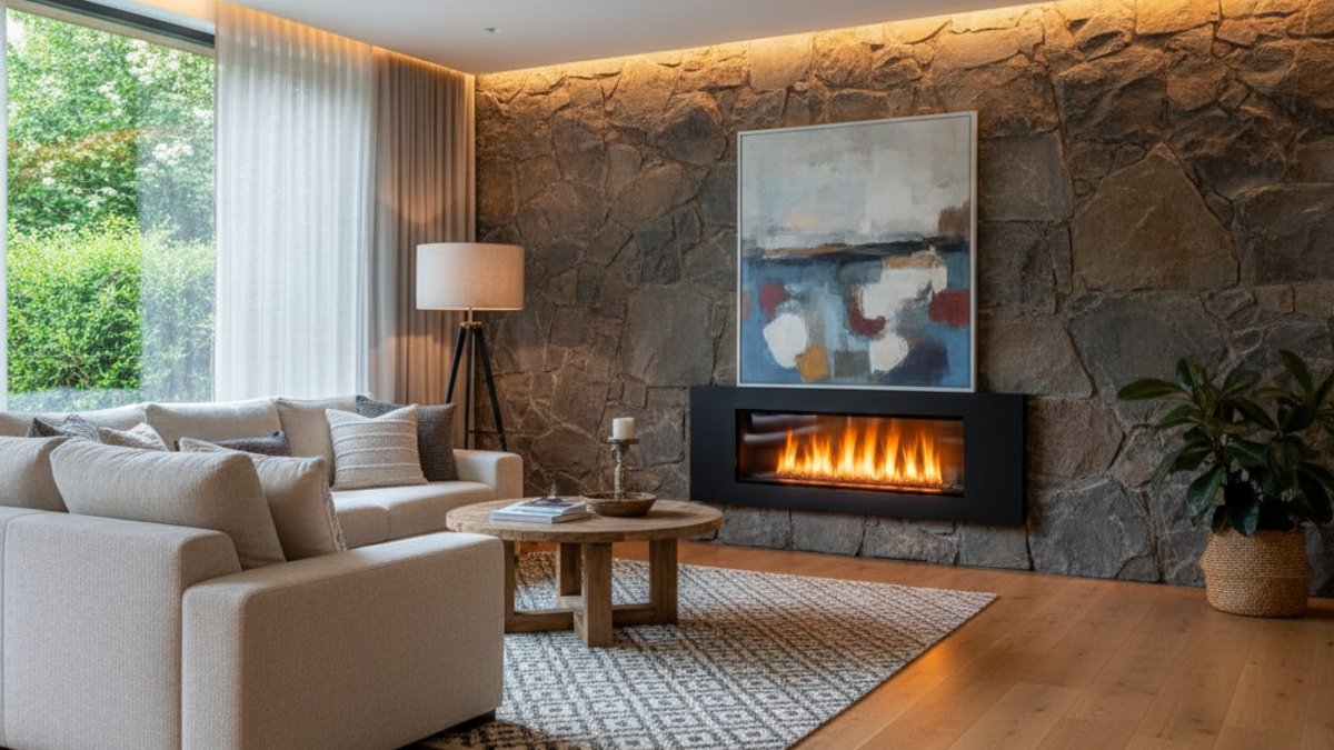 Sàn Gỗ Kết Hợp Tường Đá Thô Mộc