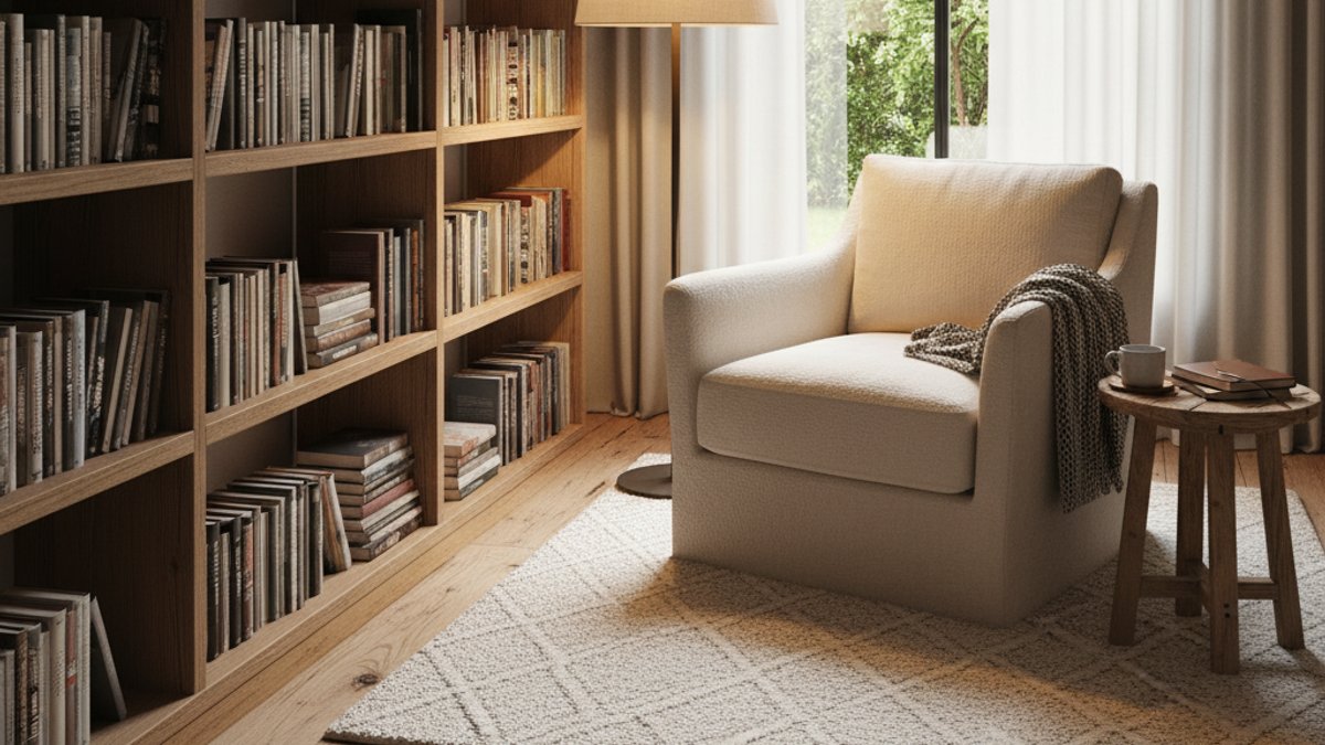 Góc Đọc Sách Sàn Gỗ Vân Mắt Gỗ Tông Tự Nhiên