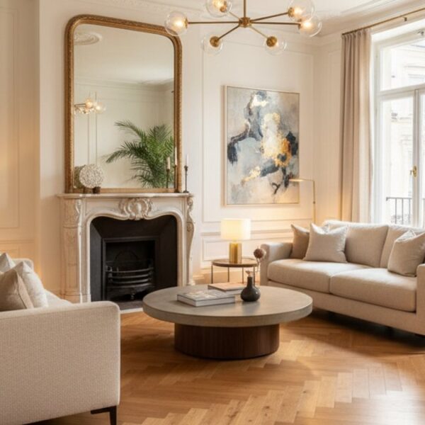 Sàn Gỗ Xương Cá Phòng Khách Hiện Đại Trên Nền Kiến Trúc Cũ