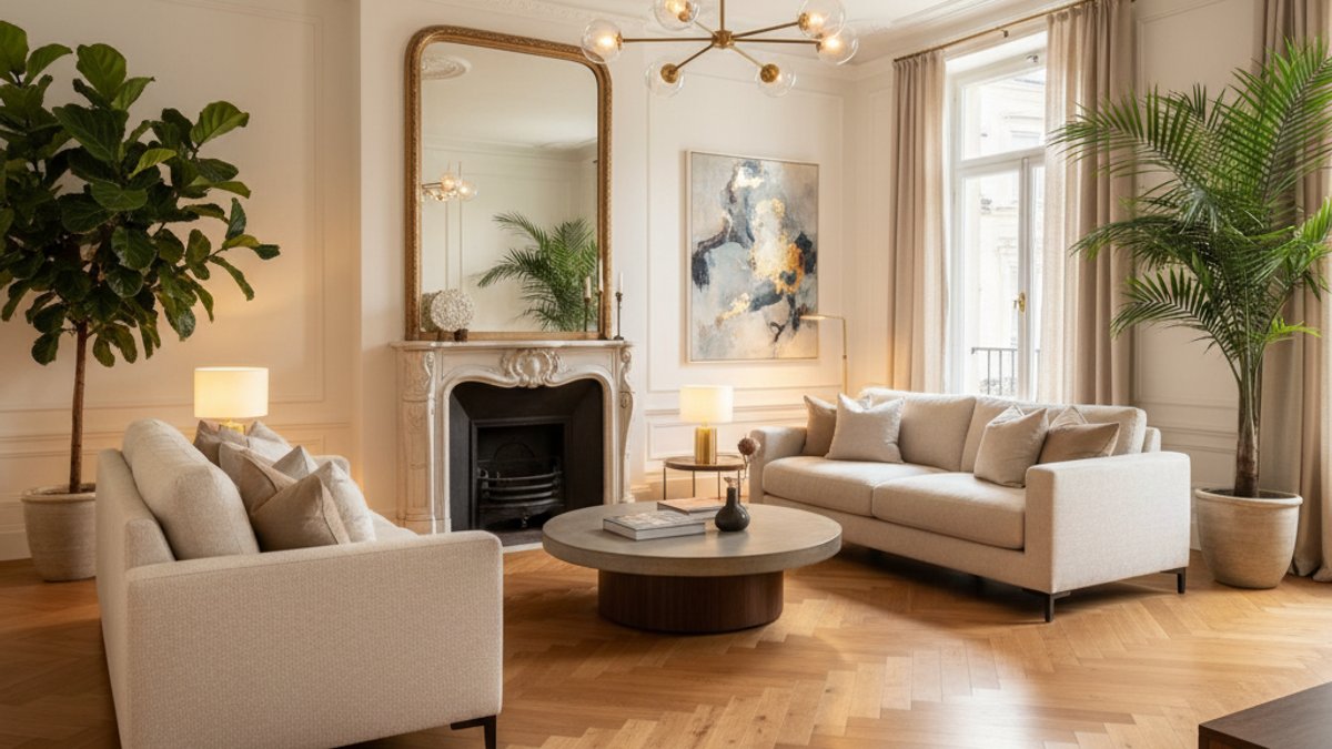 Nâng Tầm Không Gian Cũ: Bí Quyết Phối Hợp Sàn Gỗ Trong Cải Tạo Sàn Gỗ Xương Cá Phòng Khách Hiện Đại Trên Nền Kiến Trúc Cũ