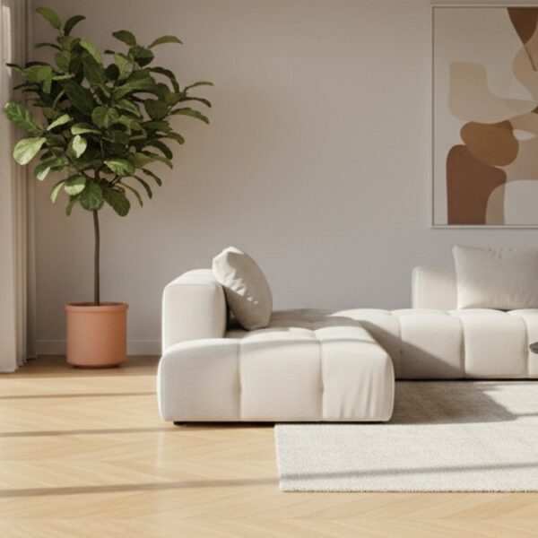 Sàn gỗ xương cá được bảo dưỡng tốt, phòng khách hiện đại