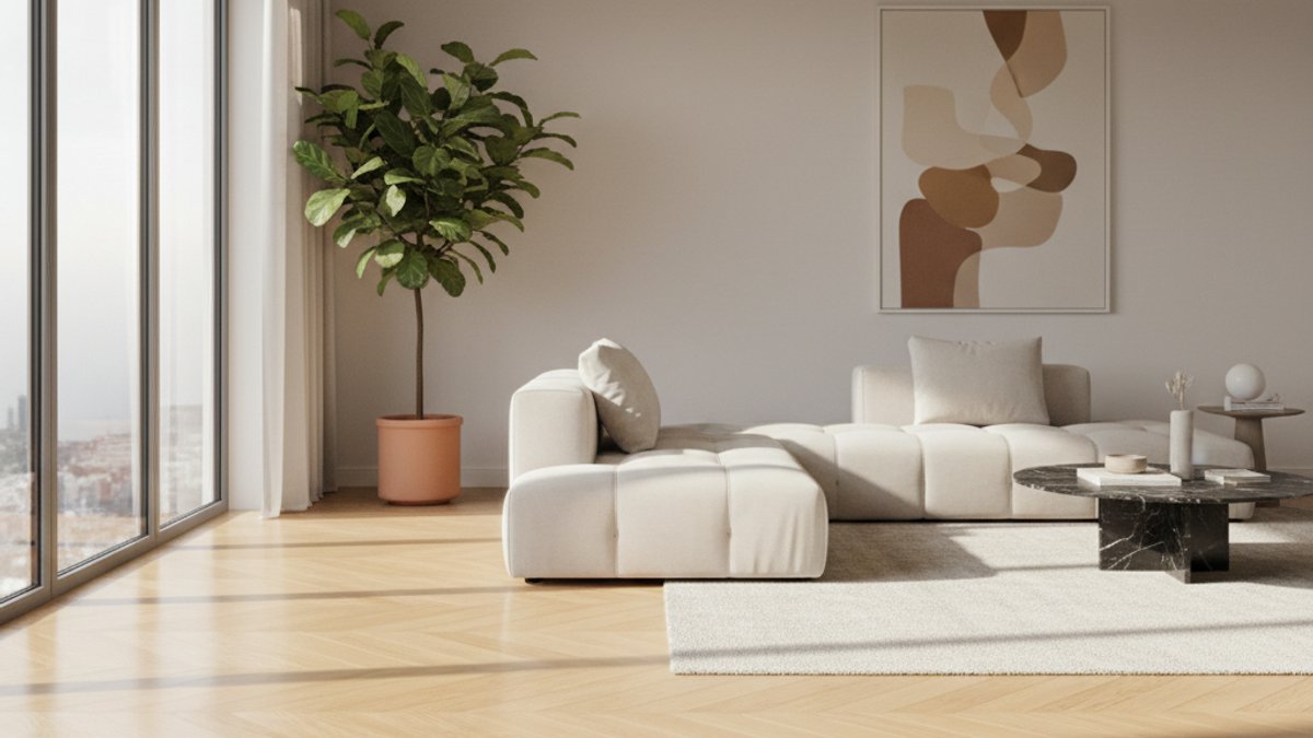 Sàn Gỗ Xương Cá Được Bảo Dưỡng Tốt, Phòng Khách Hiện Đại