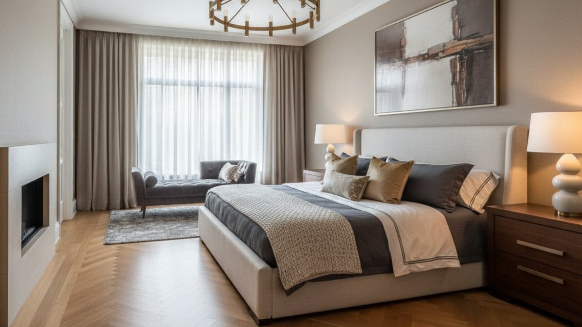 Phòng Ngủ Master Sàn Gỗ Xương Cá Tông Ấm