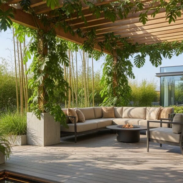 Sân vườn hiện đại trang trí bằng gỗ nhựa WPC và gỗ tự nhiên
