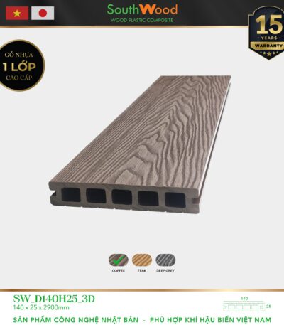 Sàn gỗ ngoài trời South Wood SW-D140H25-3D-Coffee