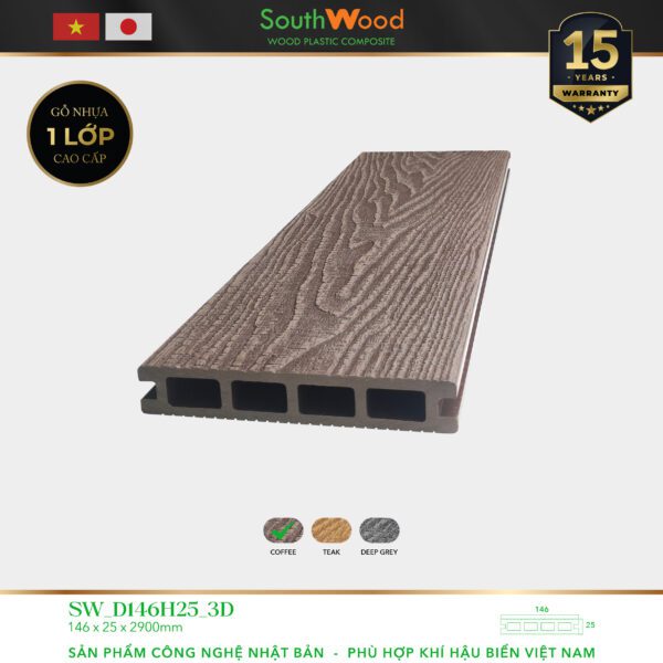 Sàn gỗ ngoài trời South Wood SW-D146H25-3D-Coffee