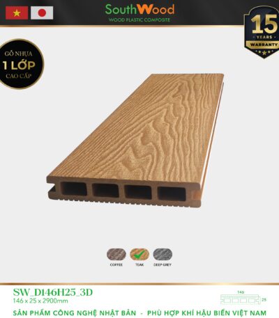 Sàn gỗ ngoài trời South Wood SW-D146H25-3D-Teak