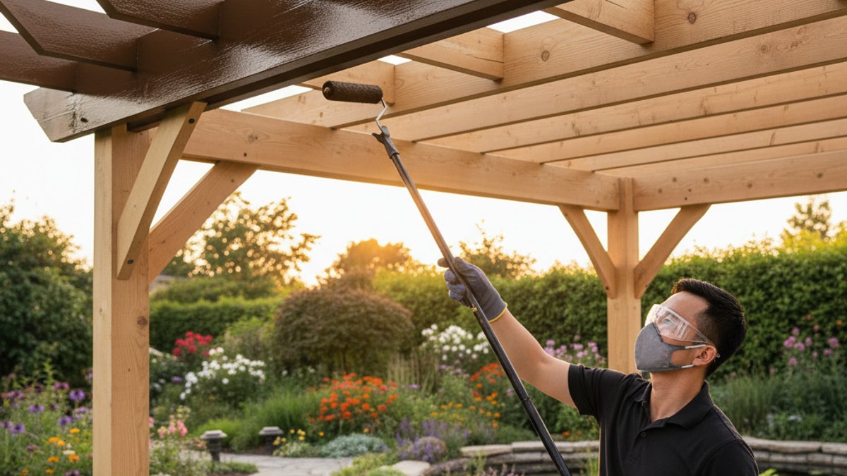 Bí Quyết Chăm Sóc Gỗ Ngoài Trời Chuyên Sâu: Bảo Vệ Sàn Decking, Pergola Bền Đẹp Cùng Vua Gỗ Người Thợ Đang Sơn Chống Thấm Cho Cấu Trúc Gỗ Pergola