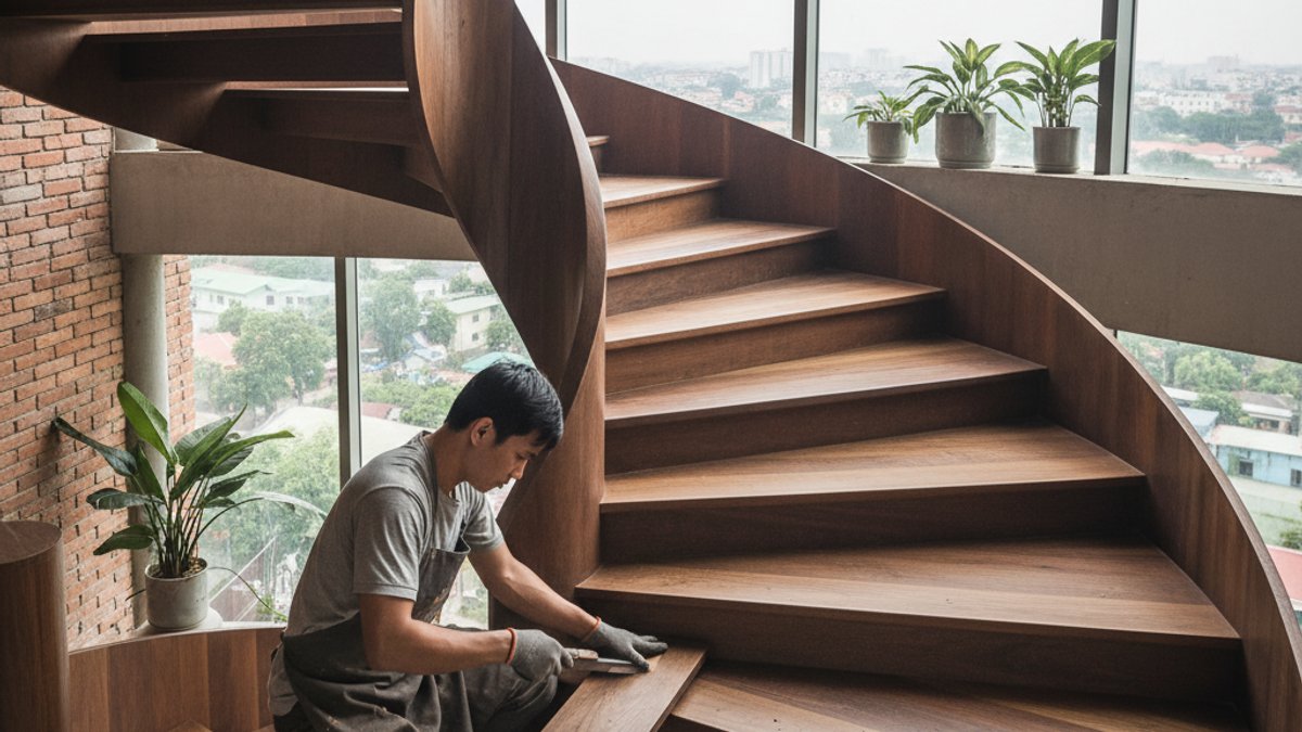 Kỹ Thuật Thi Công Sàn Gỗ Chuyên Biệt Cho Không Gian Kiến Trúc Phức Tạp: Từ Bo Cong Đến Cầu Thang Xoắn Ốc Thợ Lắp Đặt Sàn Gỗ Cầu Thang Xoắn