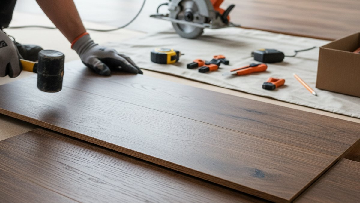 Cận Cảnh Thợ Đang Thi Công Sàn Gỗ Một Cách Chuyên Nghiệp