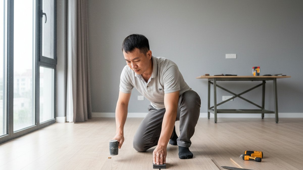 Thợ Việt Nam Đang Thi Công Lắp Đặt Sàn Gỗ Hèm Khóa