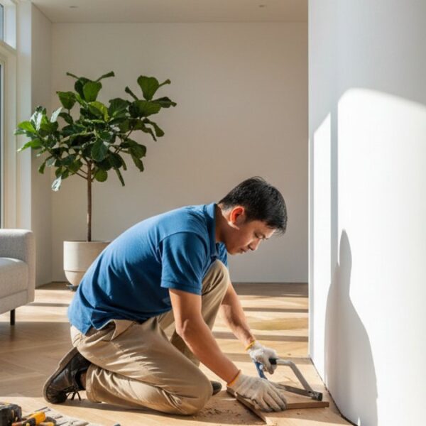 Thợ thi công sàn gỗ cho tường bo cong