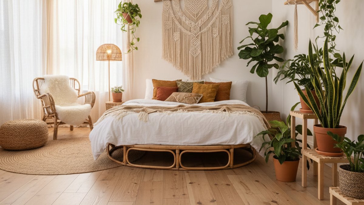 Sàn Gỗ Tự Nhiên Và Nội Thất Mây Tre Phong Cách Bohemian