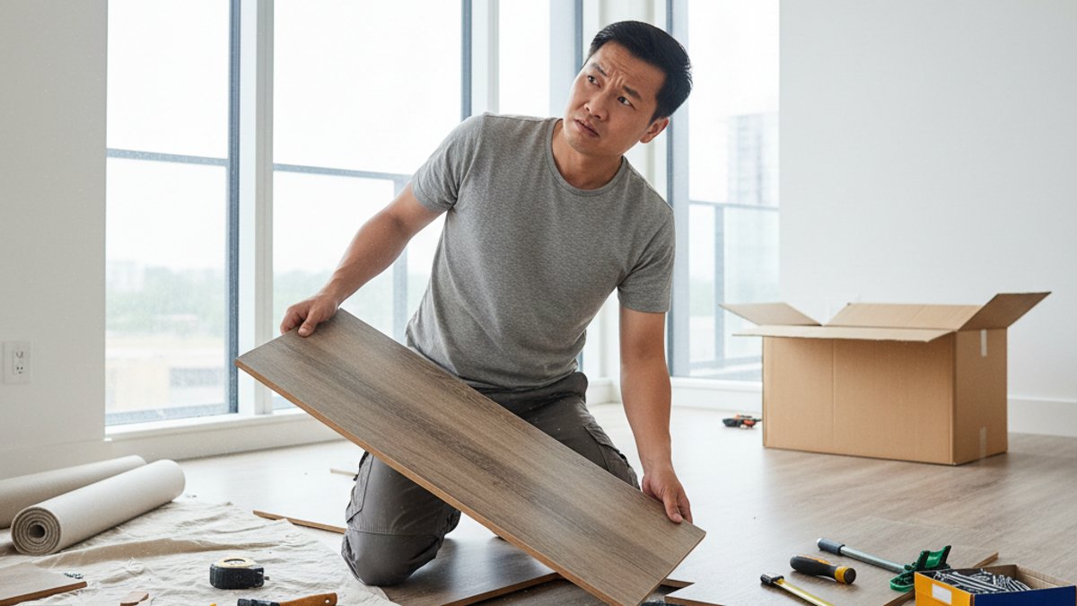 Tự Lắp Sàn Gỗ Hay Thuê Thợ Chuyên Nghiệp: Đâu Là Lựa Chọn Tối Ưu Cho Bạn? Người Đàn Ông Tự Lắp Sàn Gỗ Tại Nhà, Đang Bối Rối