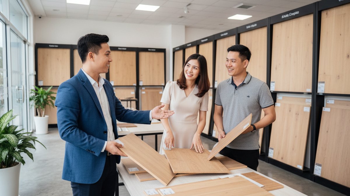 Nhân Viên Vua Gỗ Tư Vấn Cho Khách Hàng Về Sàn Gỗ Và Nội Thất