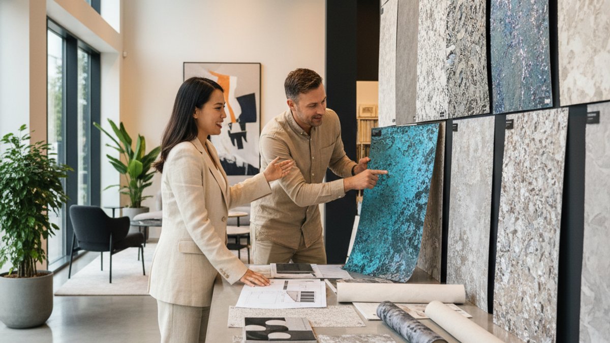 Nhân Viên Vua Gỗ Tư Vấn Khách Hàng Chọn Giấy Dán Tường