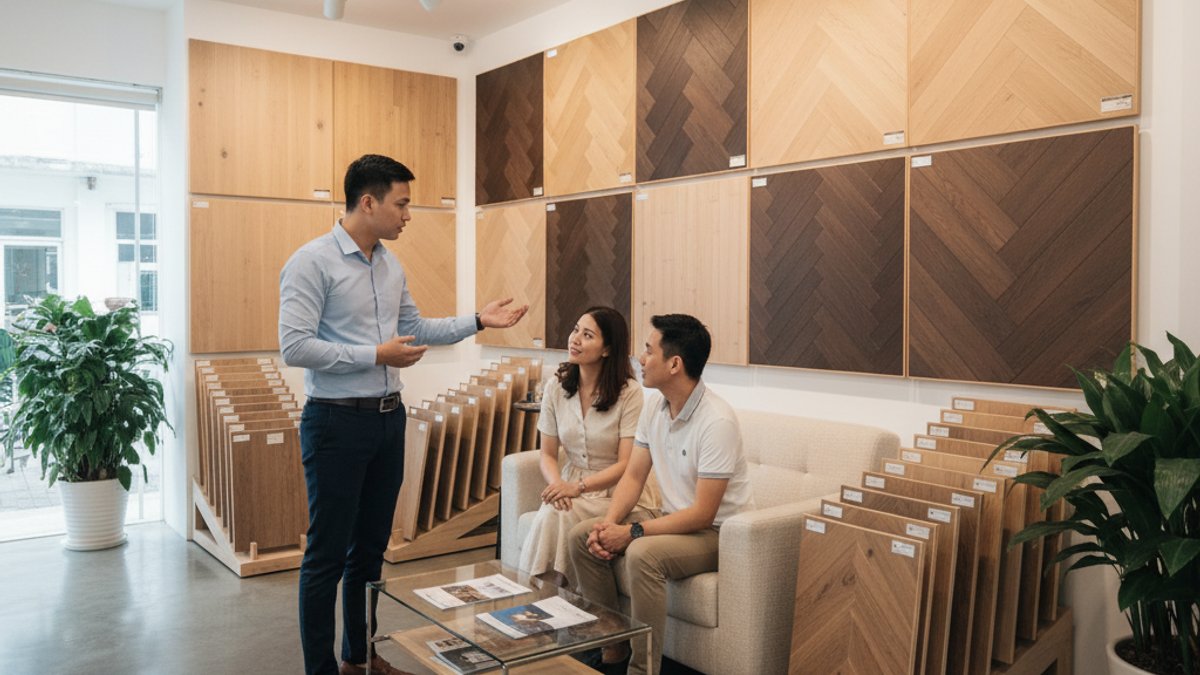 Nhân Viên Vua Gỗ Tư Vấn Khách Hàng Về Sàn Gỗ