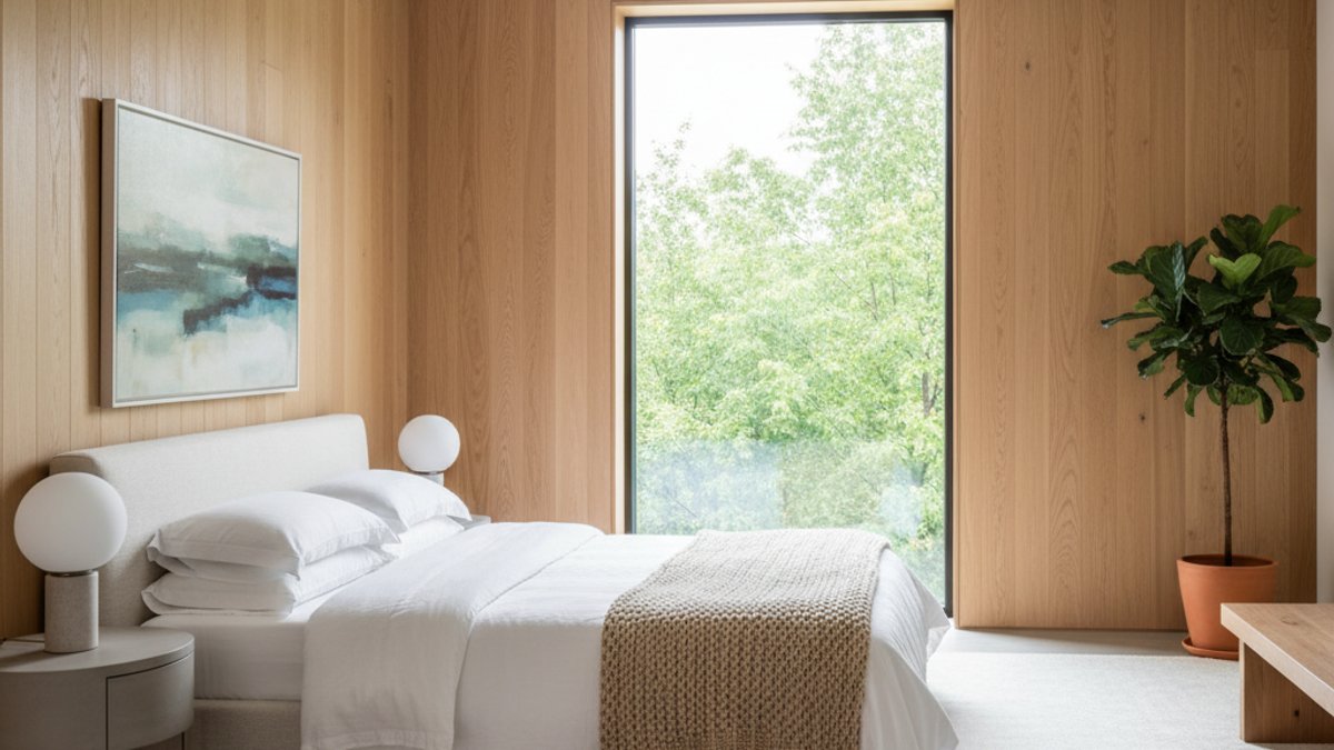 Phòng Ngủ Tường Ốp Gỗ Sáng Màu Và Cửa Sổ Lớn