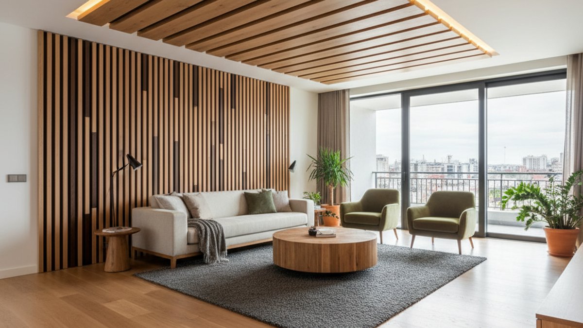 Phòng Khách Với Sàn Gỗ, Ốp Tường Gỗ Và Trần Gỗ