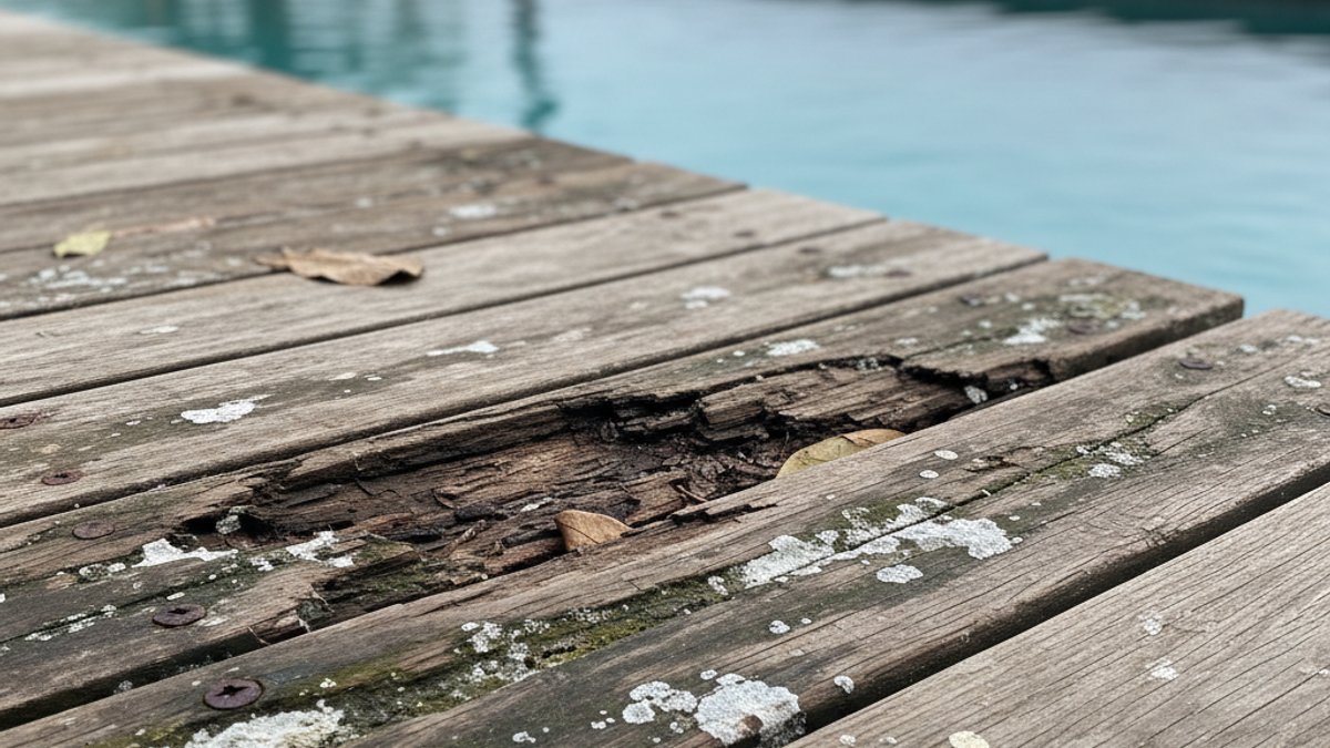 Gỗ Mục Nát Và Gạch Rêu Phong Gần Hồ Bơi