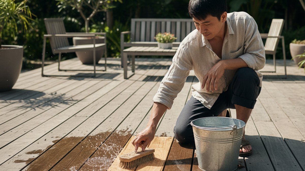 Bí Quyết Chăm Sóc Gỗ Ngoài Trời Chuyên Sâu: Bảo Vệ Sàn Decking, Pergola Bền Đẹp Cùng Vua Gỗ Người Đang Vệ Sinh Làm Sạch Sàn Gỗ Decking Ngoài Trời