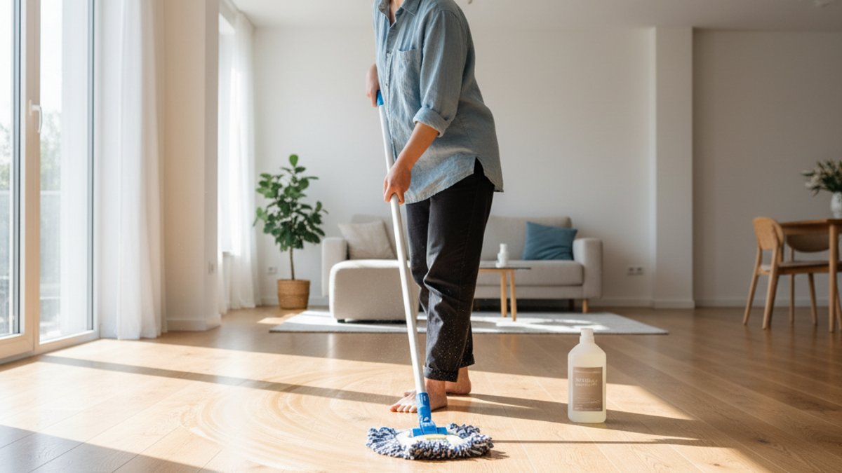 Người Phụ Nữ Đang Lau Sàn Gỗ Bằng Cây Lau Nhà Chuyên Dụng