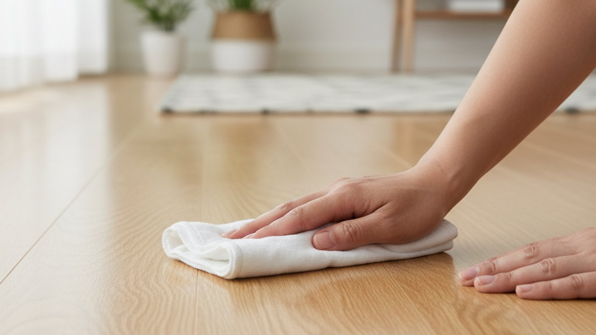 Người Phụ Nữ Vệ Sinh Sàn Gỗ Bằng Khăn Ẩm