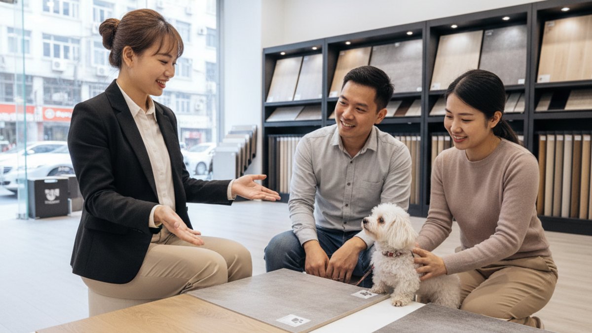 Nhân Viên Vua Gỗ Tư Vấn Sàn Gỗ Cho Khách Hàng Có Thú Cưng