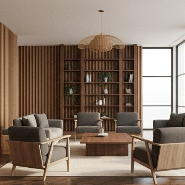 Không gian nội thất gỗ hiện đại sang trọng với sàn xương cá và ốp tường